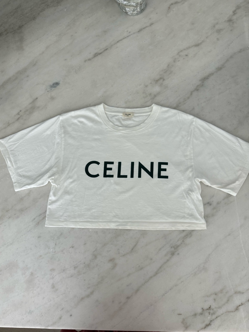 Celine White Cropped T-Shirt with Black CELINE Logo - Picture 3 of 7